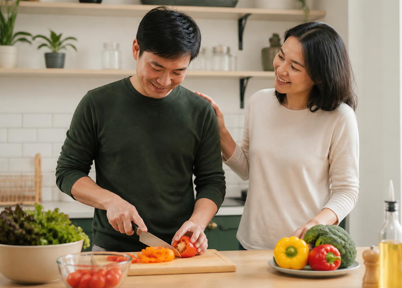 Two adults preparing a meal together in a tidy shared kitchen, talking as they cook.