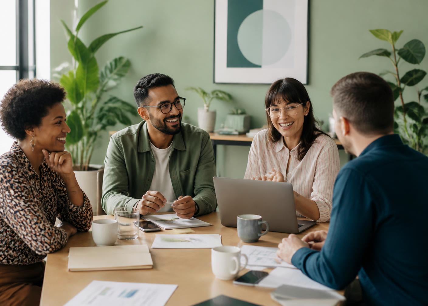Three professionals sitting around a table with notes, discussing plans in a bright meeting room.