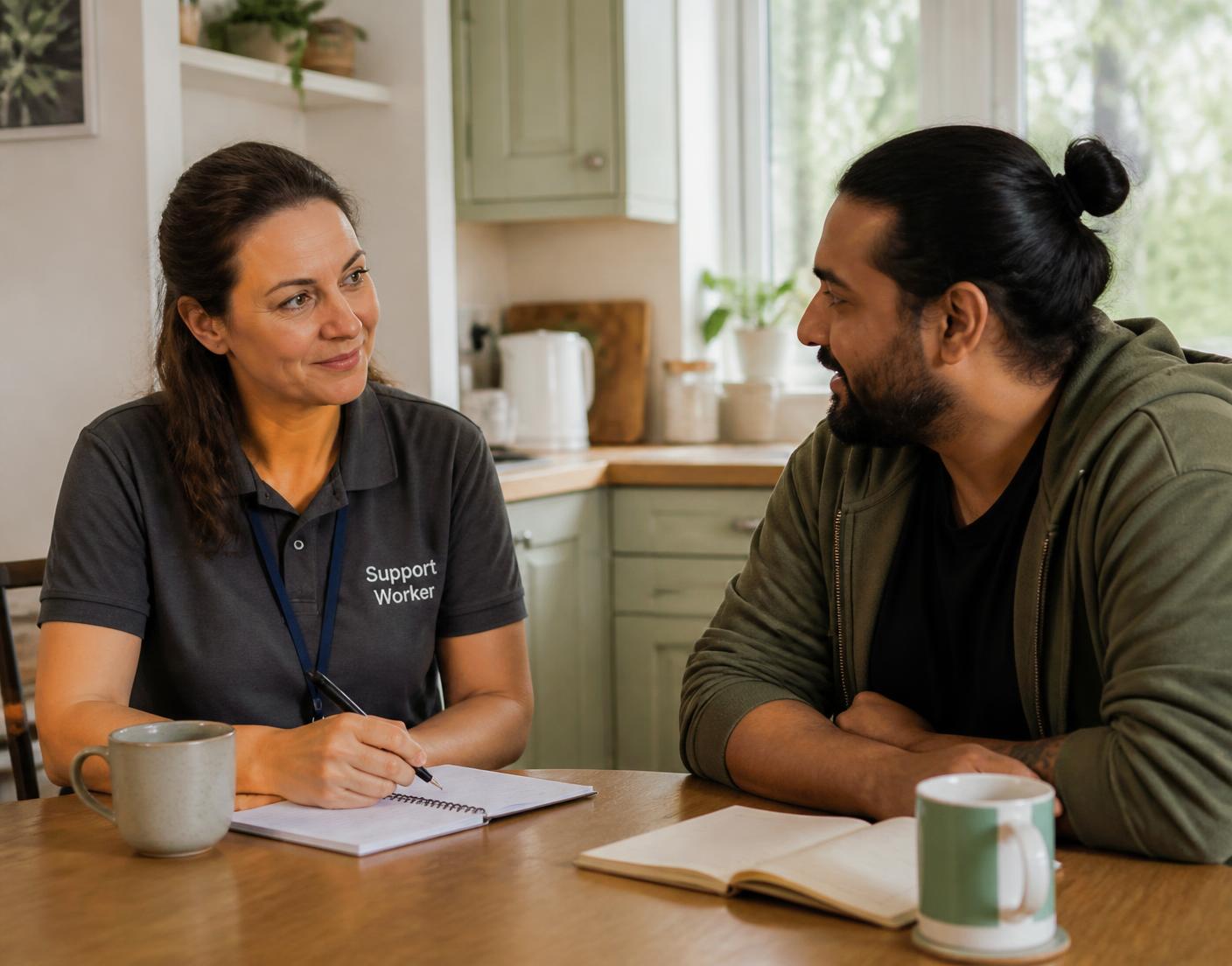 A support worker and a resident talking together at a kitchen table in a relaxed, everyday conversation.
